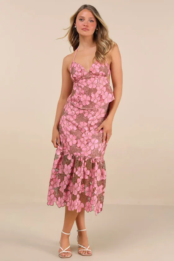 Quintessa Pink Floral Crochet Lace Backless Halter Top sold by Lulus product image thumbnail 3