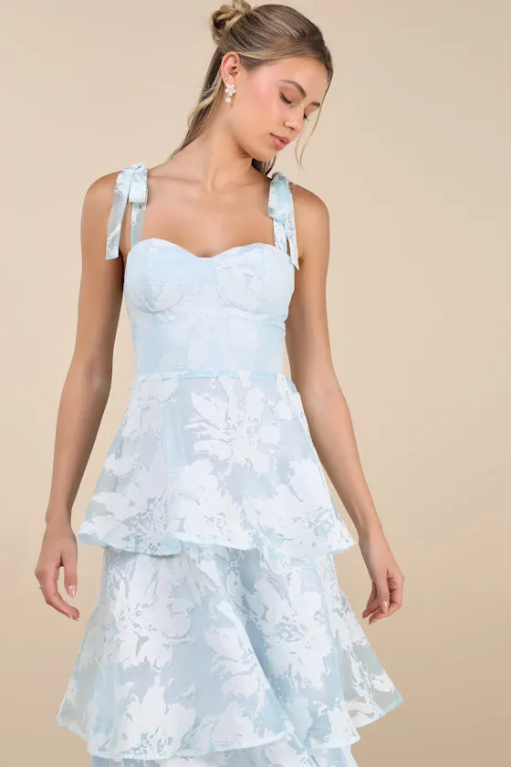 Drayson Light Blue Floral Burnout Tie-Strap Tiered Midi Dress sold by Lulus