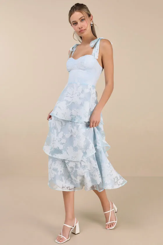 Drayson Light Blue Floral Burnout Tie-Strap Tiered Midi Dress sold by Lulus product image thumbnail 3