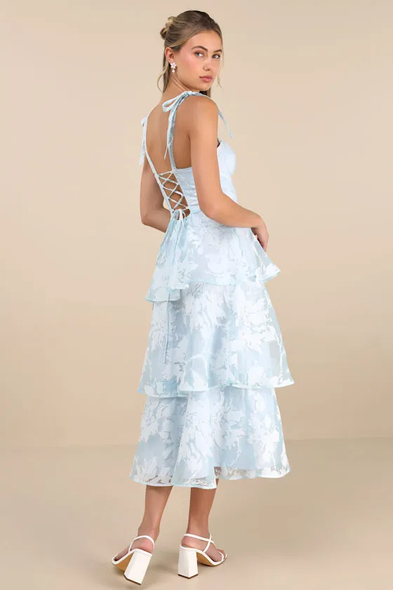 Drayson Light Blue Floral Burnout Tie-Strap Tiered Midi Dress sold by Lulus product image thumbnail 4