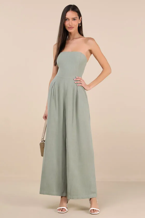 Breezy Essential Sage Green Linen Wide-Leg Jumpsuit sold by Lulus product image thumbnail 3