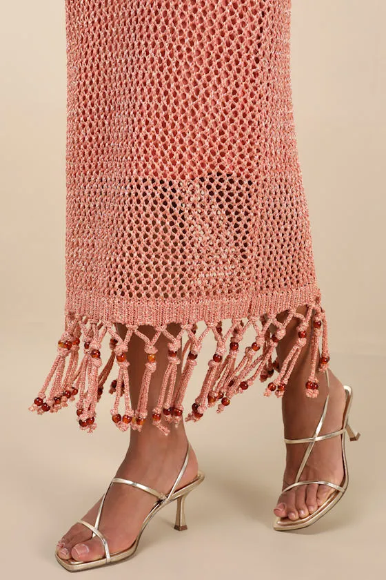 Marama Shiny Coral Crochet Sleeveless Fringe Midi Dress sold by Lulus product image thumbnail 2