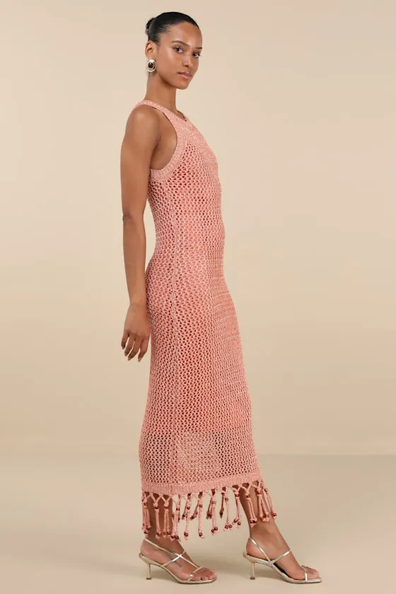Marama Shiny Coral Crochet Sleeveless Fringe Midi Dress sold by Lulus product image thumbnail 3