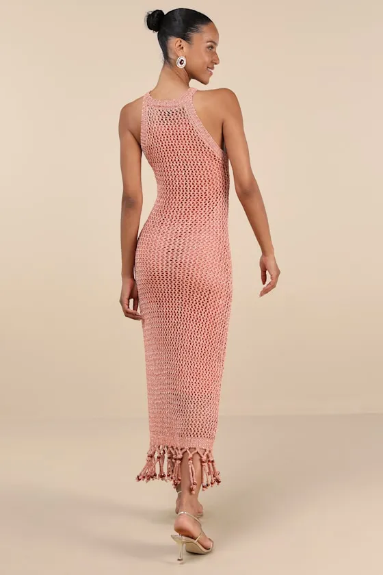 Marama Shiny Coral Crochet Sleeveless Fringe Midi Dress sold by Lulus product image thumbnail 4
