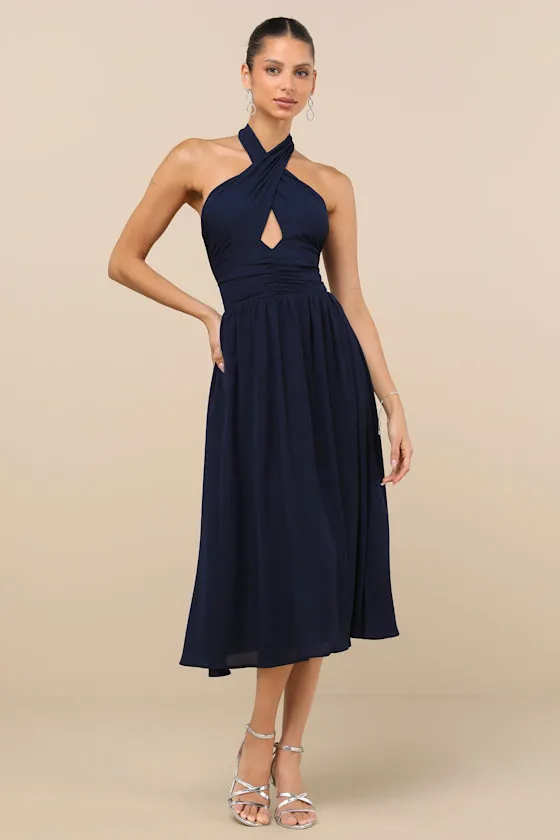 Emrah Navy Cross-Front Cutout Halter Midi Dress sold by Lulus