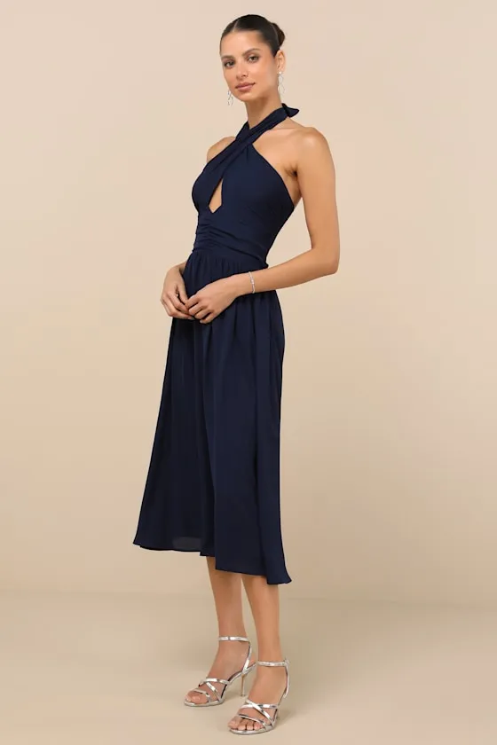 Emrah Navy Cross-Front Cutout Halter Midi Dress sold by Lulus product image thumbnail 2