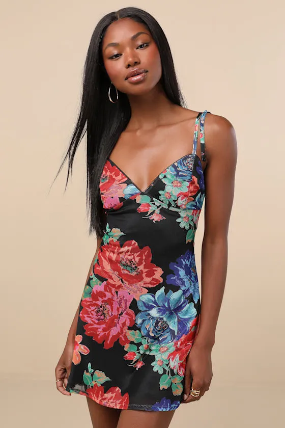 Aldara Black Floral Mesh Tie-Strap Mini Dress sold by Lulus