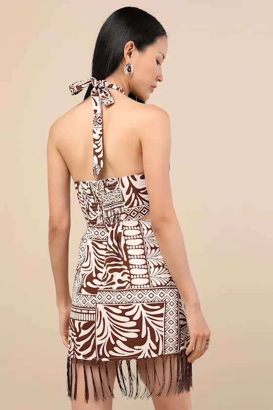 Nahia Brown Boho Print Fringe Faux-Wrap Halter Mini Dress sold by Lulus product image thumbnail 2
