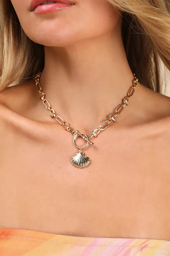 Cashley Gold Chain Link Seashell Charm Necklace sold by Lulus