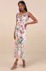 Clelia Ivory Multi Floral Satin Ruffled Tie-Strap Midi Dress sold by Lulus