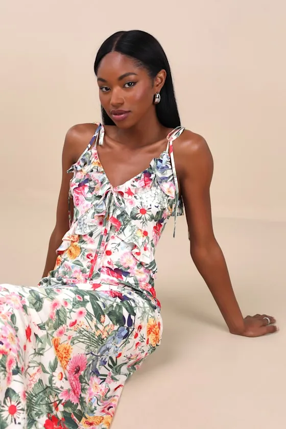 Clelia Ivory Multi Floral Satin Ruffled Tie-Strap Midi Dress sold by Lulus product image thumbnail 2