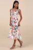 Clelia Ivory Multi Floral Satin Ruffled Tie-Strap Midi Dress sold by Lulus