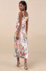 Clelia Ivory Multi Floral Satin Ruffled Tie-Strap Midi Dress sold by Lulus
