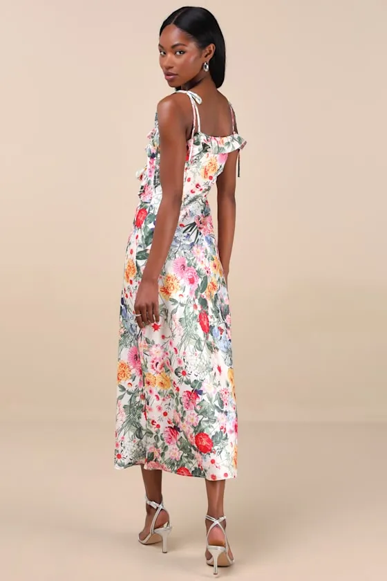 Clelia Ivory Multi Floral Satin Ruffled Tie-Strap Midi Dress sold by Lulus product image thumbnail 4