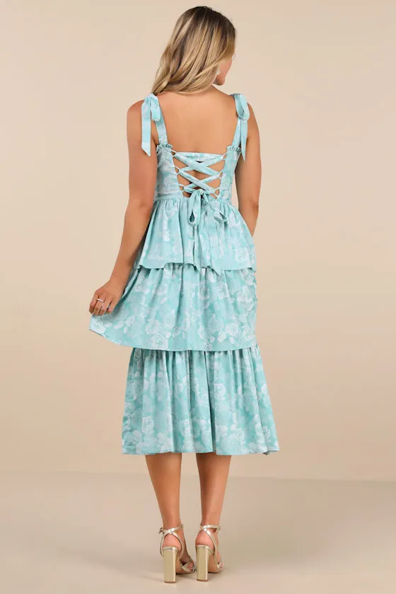 Lovely Bliss Aqua Floral Jacquard Strapless Bustier Midi Dress sold by Lulus product image thumbnail 2