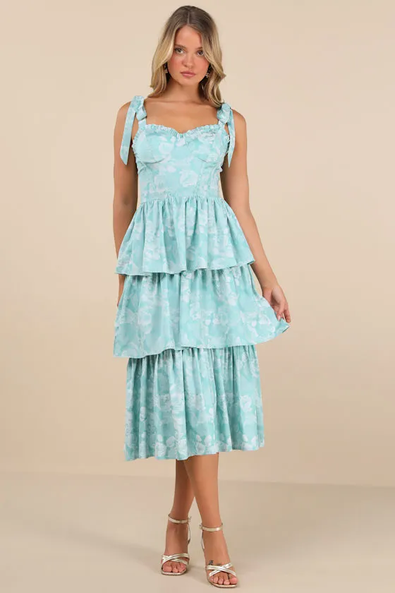 Lovely Bliss Aqua Floral Jacquard Strapless Bustier Midi Dress sold by Lulus product image thumbnail 3