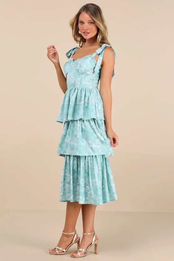 Lovely Bliss Aqua Floral Jacquard Strapless Bustier Midi Dress sold by Lulus product image thumbnail 4