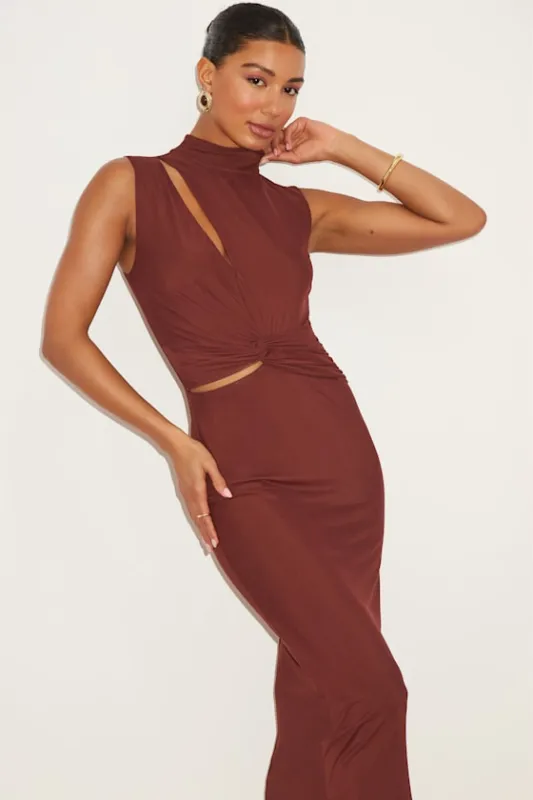 Kamara Brown Mesh Cutout Knotted Midi Dress sold by Lulus