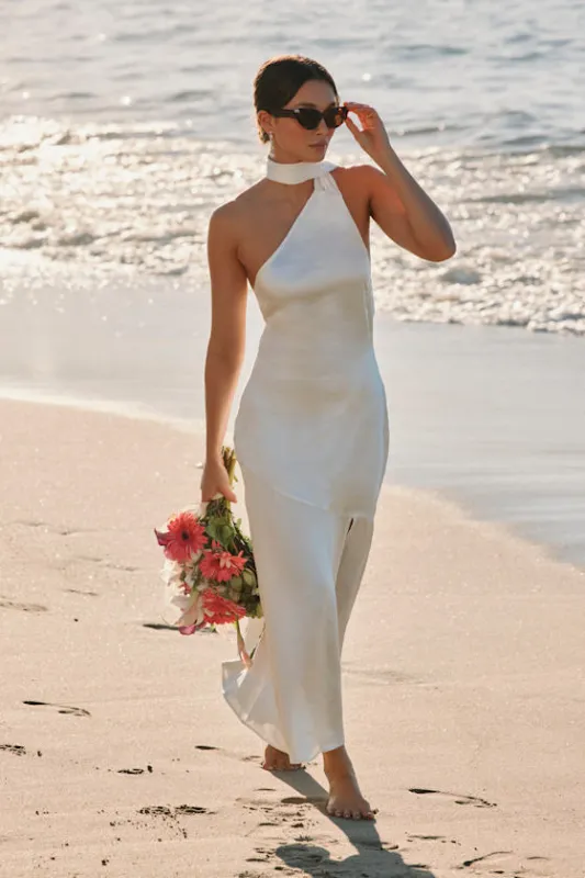 Reglan White Satin One-Shoulder Sash Midi Dress sold by Lulus