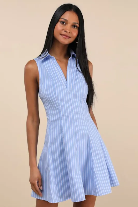 Zenley Blue Striped Collared Skater Mini Dress sold by Lulus