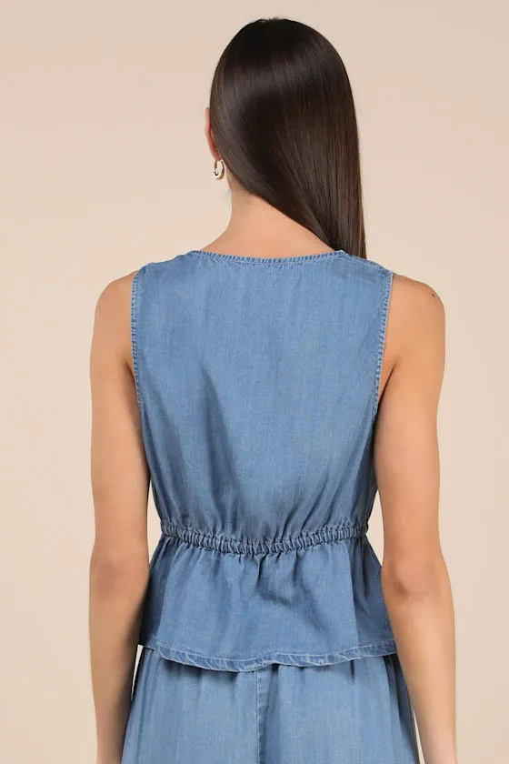 Maldwyn Blue Chambray Sleeveless Tie-Front Top sold by Lulus product image thumbnail 2