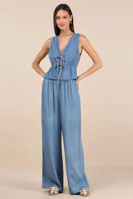 Maldwyn Blue Chambray Sleeveless Tie-Front Top sold by Lulus product image thumbnail 3
