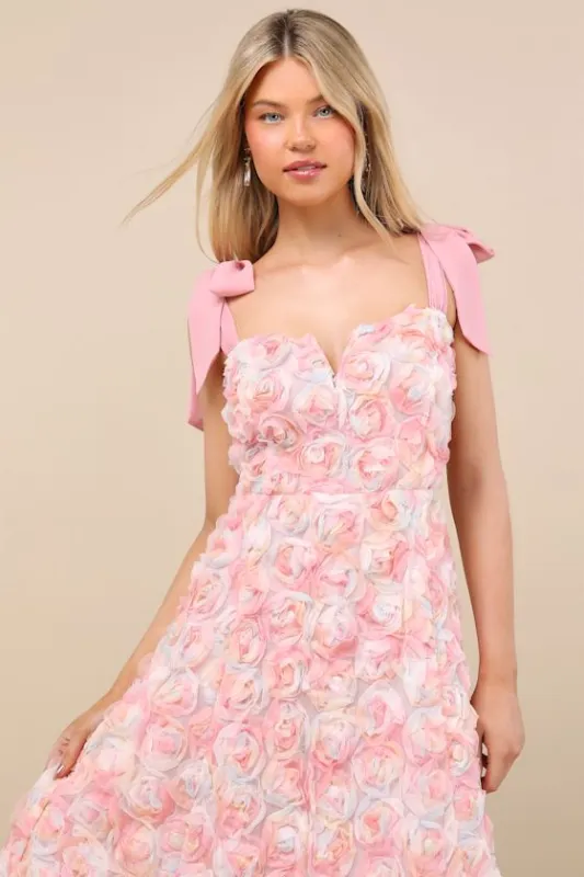 Tarina Pink Multi 3D Rosette Tie-Strap Midi Dress sold by Lulus