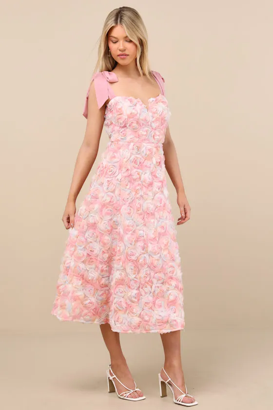 Tarina Pink Multi 3D Rosette Tie-Strap Midi Dress sold by Lulus product image thumbnail 2