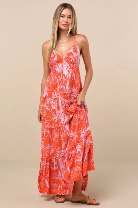 Warm Rays Coral Tropical Print Tiered Tie-Back Maxi Dress sold by Lulus