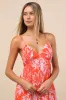 Warm Rays Coral Tropical Print Tiered Tie-Back Maxi Dress sold by Lulus