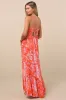 Warm Rays Coral Tropical Print Tiered Tie-Back Maxi Dress sold by Lulus