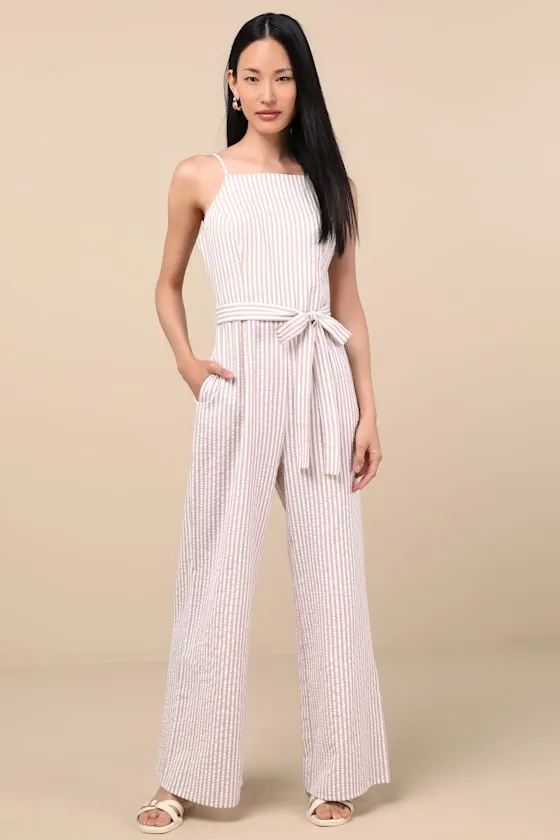 Messina Beige Striped Wide-Leg Jumpsuit sold by Lulus