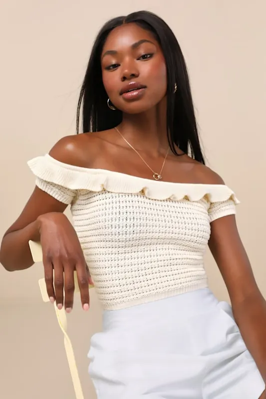 Atarah Cream Open-Knit Off-the-Shoulder Sweater Top sold by Lulus