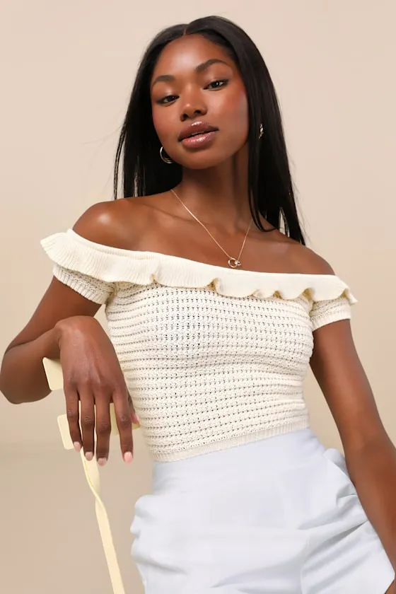 Atarah Cream Open-Knit Off-the-Shoulder Sweater Top sold by Lulus