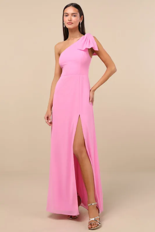 Simply Brilliant Pink One-Shoulder Bow Maxi Dress sold by Lulus