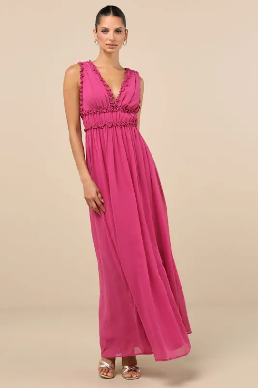 Helvia Berry Pink Ruffled Sleeveless Maxi Dress sold by Lulus