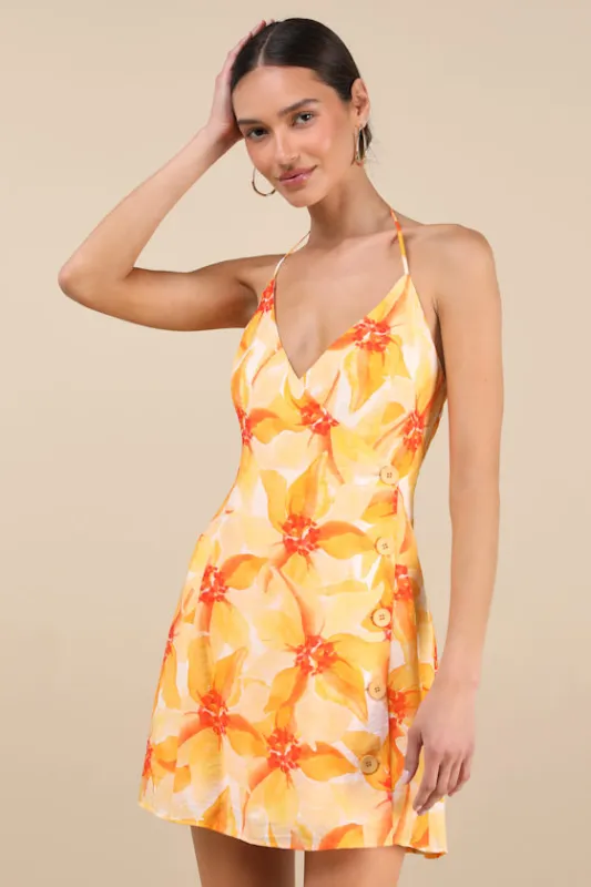 Prue Orange Floral Halter Mini Dress sold by Lulus