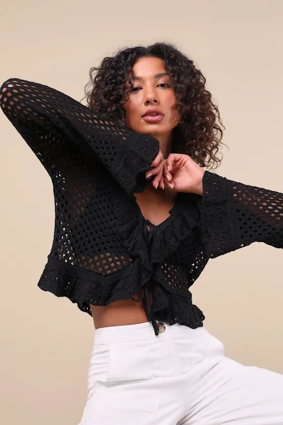 Izara Black Crochet Knit Tie-Front Long Sleeve Top sold by Lulus