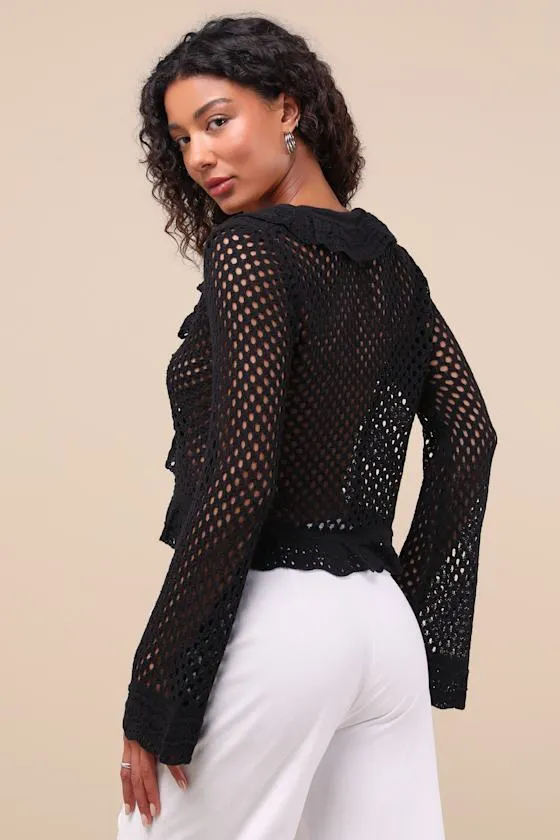 Izara Black Crochet Knit Tie-Front Long Sleeve Top sold by Lulus product image thumbnail 2