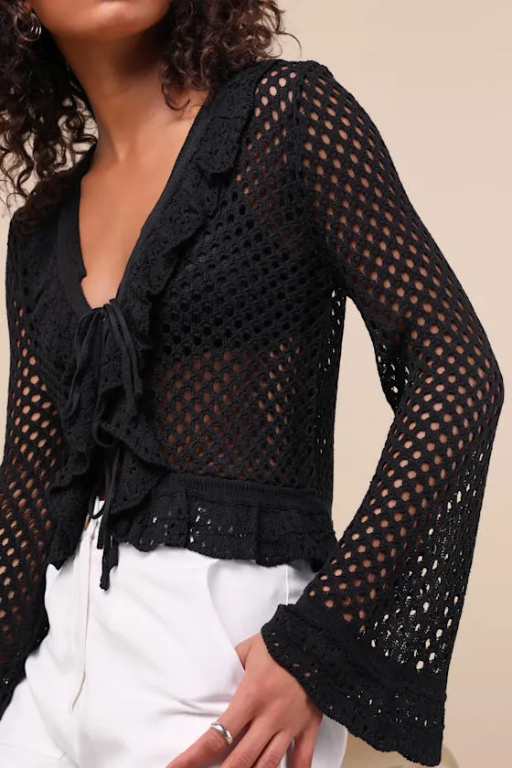 Izara Black Crochet Knit Tie-Front Long Sleeve Top sold by Lulus product image thumbnail 4