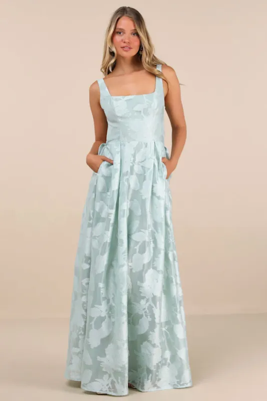 Perfected Aura Sage Jacquard Tie-Back Maxi Dress with Pockets sold by Lulus