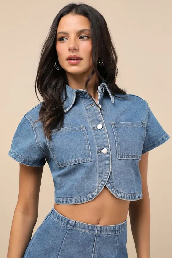 Nerea Medium Wash Denim Button-Front Crop Top sold by Lulus