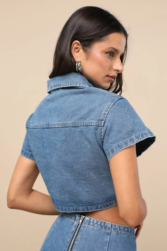 Nerea Medium Wash Denim Button-Front Crop Top sold by Lulus product image thumbnail 2