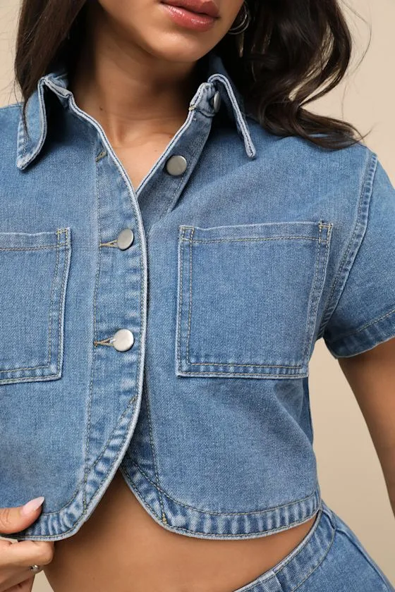 Nerea Medium Wash Denim Button-Front Crop Top sold by Lulus product image thumbnail 4