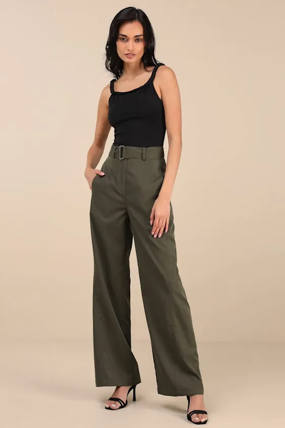 Baron Olive Green Belted High-Rise Wide-Leg Pants sold by Lulus