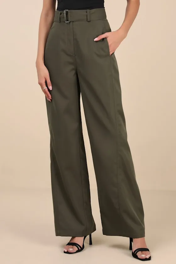 Baron Olive Green Belted High-Rise Wide-Leg Pants sold by Lulus product image thumbnail 2