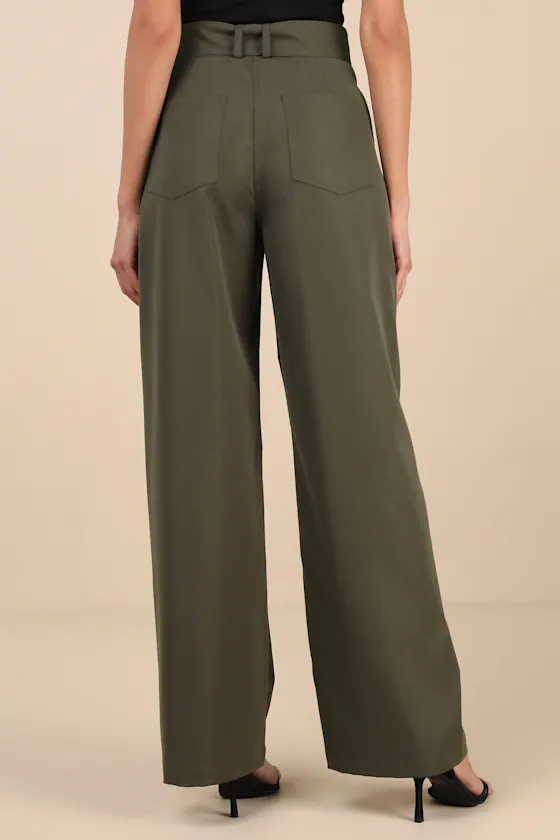 Baron Olive Green Belted High-Rise Wide-Leg Pants sold by Lulus product image thumbnail 3