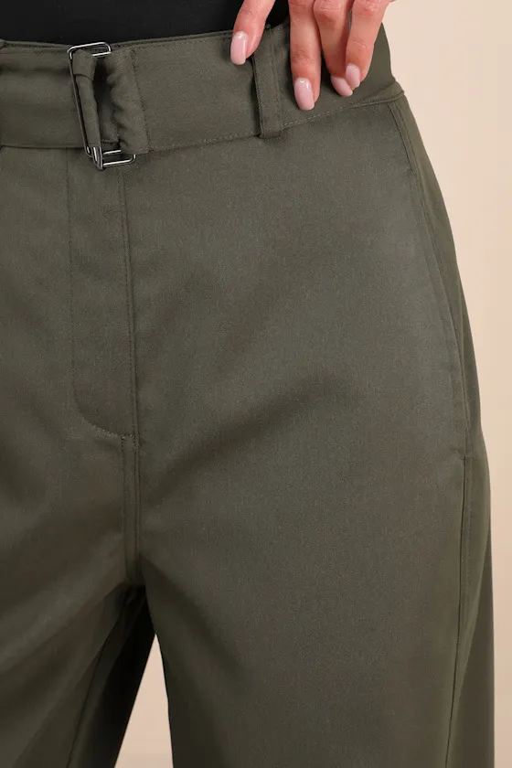 Baron Olive Green Belted High-Rise Wide-Leg Pants sold by Lulus product image thumbnail 4