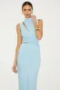 Kamara Light Blue Mesh Cutout Knotted Midi Dress sold by Lulus