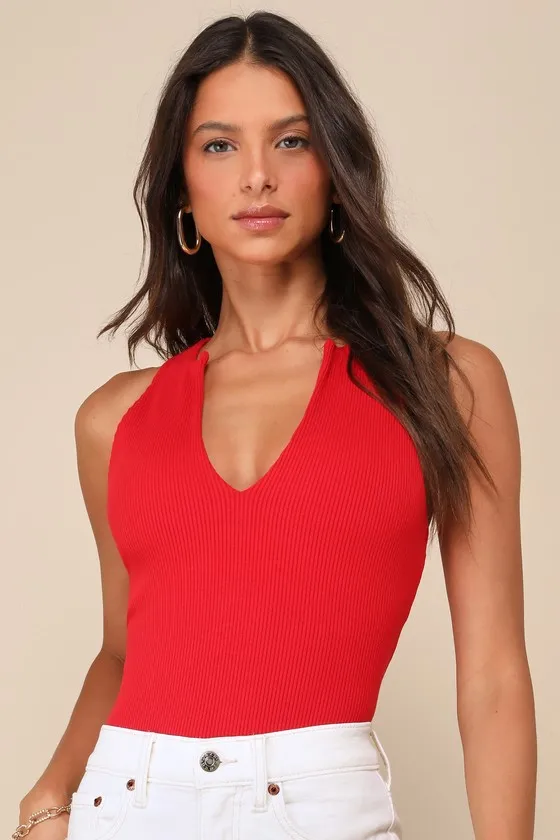 Trendy Endeavor Red Ribbed Notched Tank Top sold by Lulus